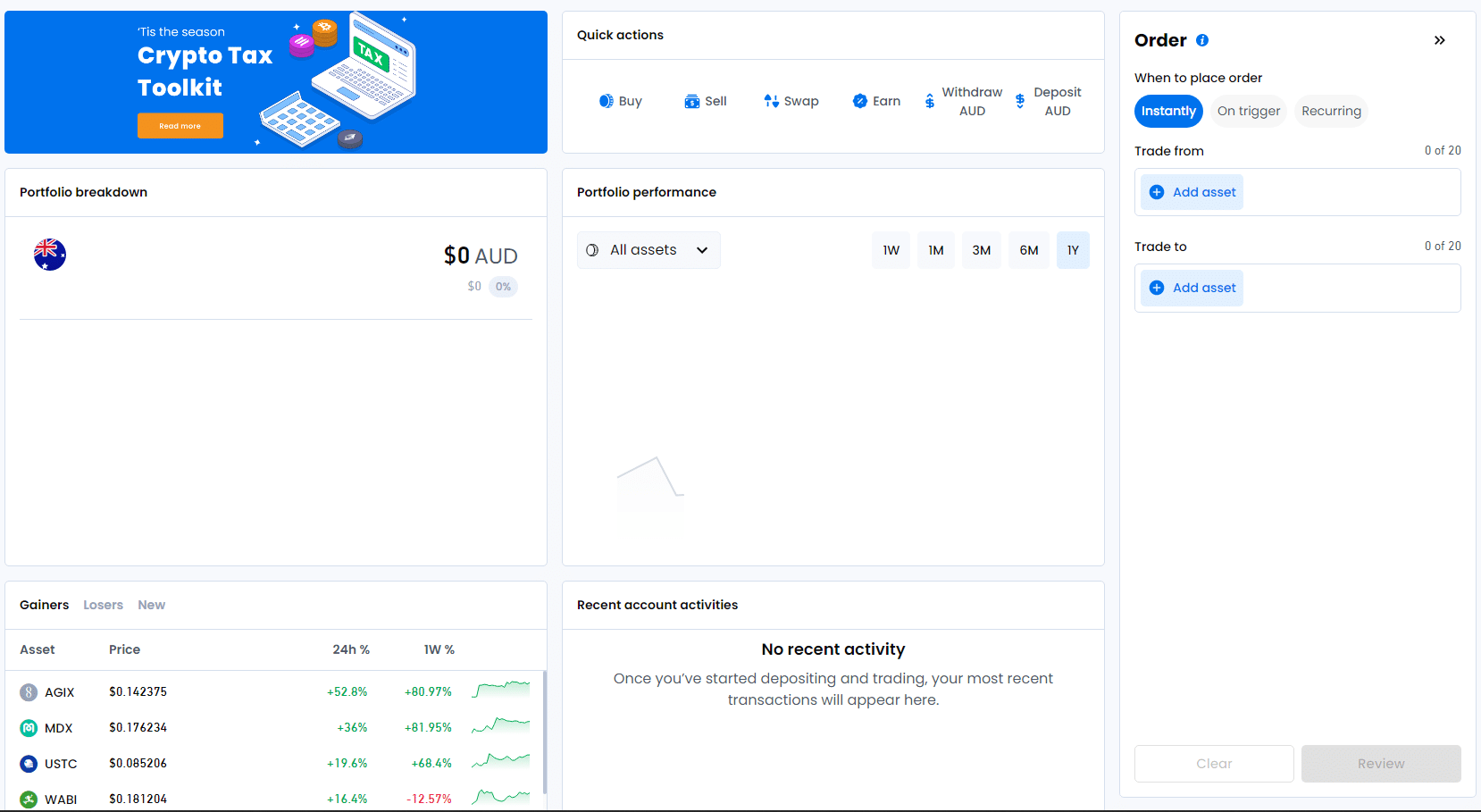 customizable dashboard on swyftx