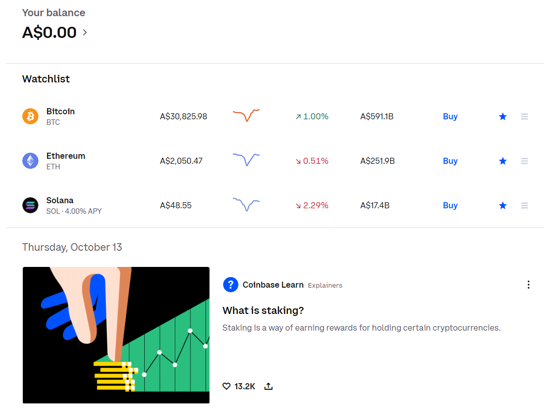 default dashboard on coinbase australia