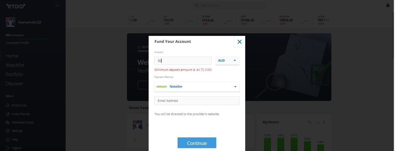 eToro minimum Neteller deposit amount