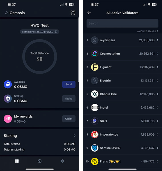 Keplr mobile wallet screenshots of dashboard and staking.