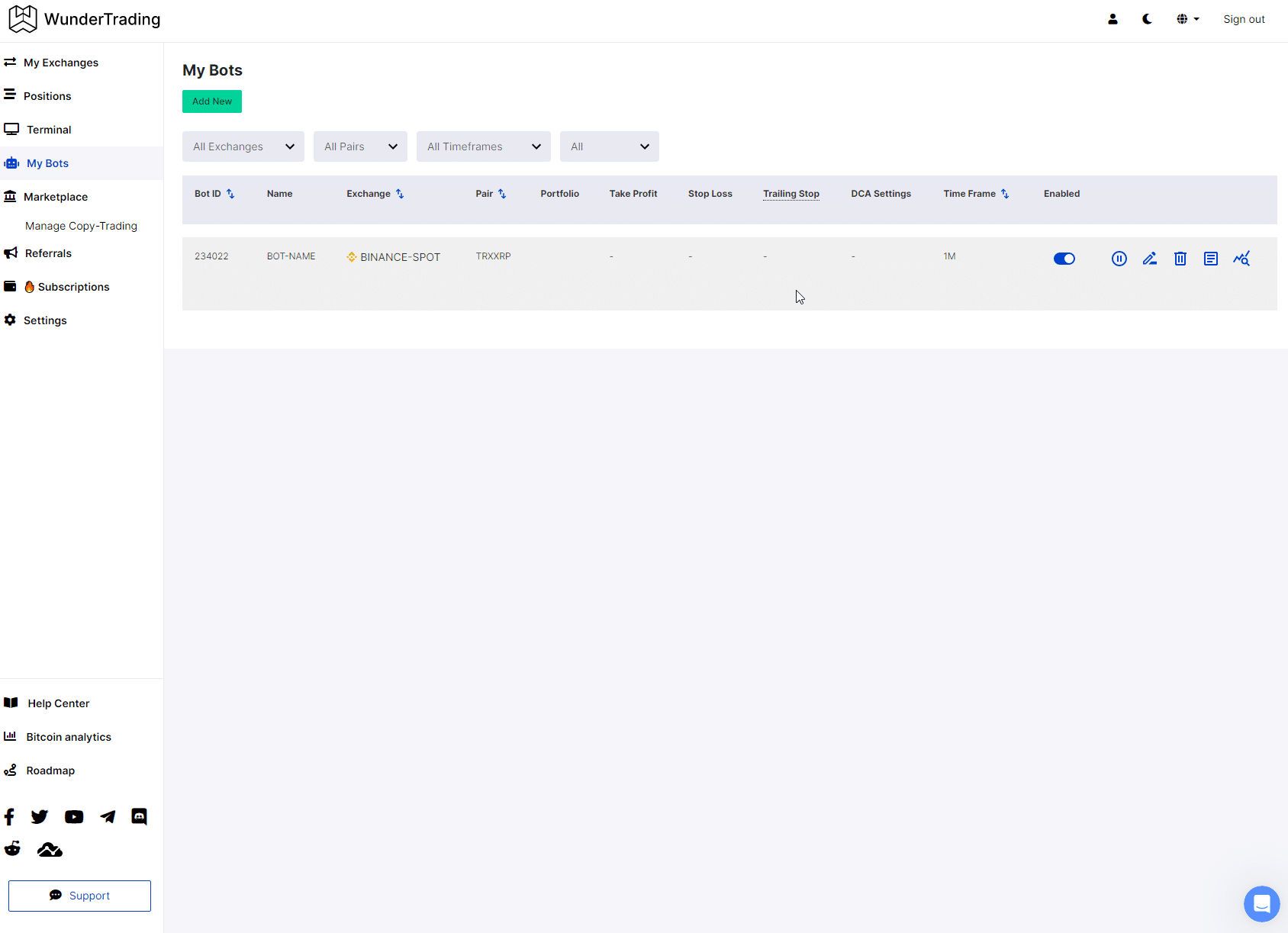 Manage bots on WunderTrading