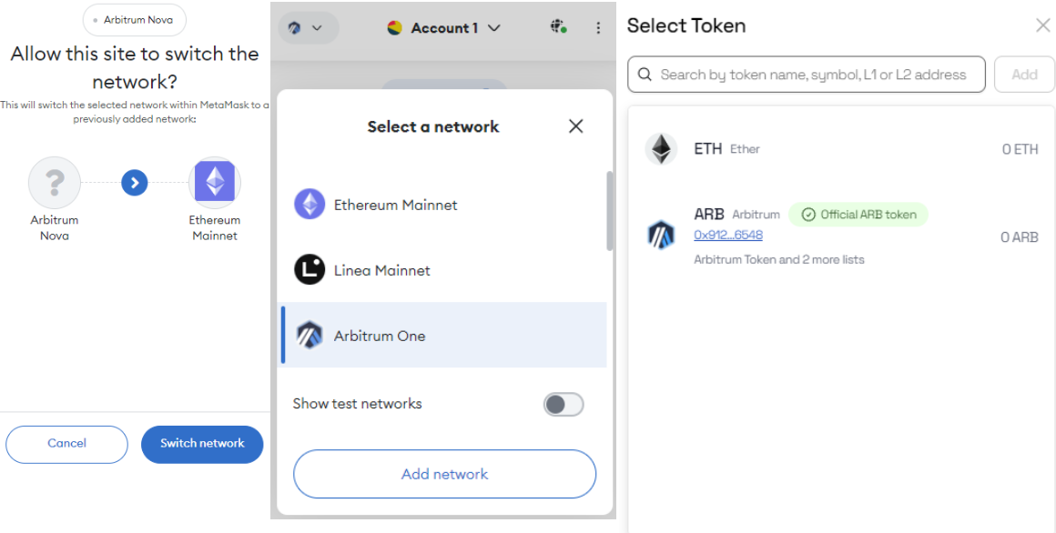 selecting the arbitrum one network and amount