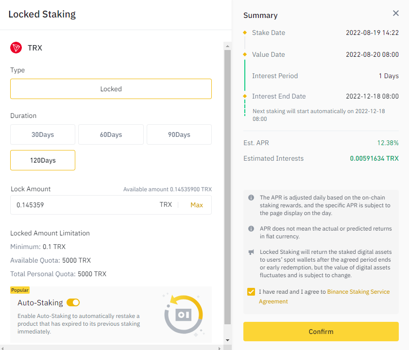 setting up staking Tron on Binance