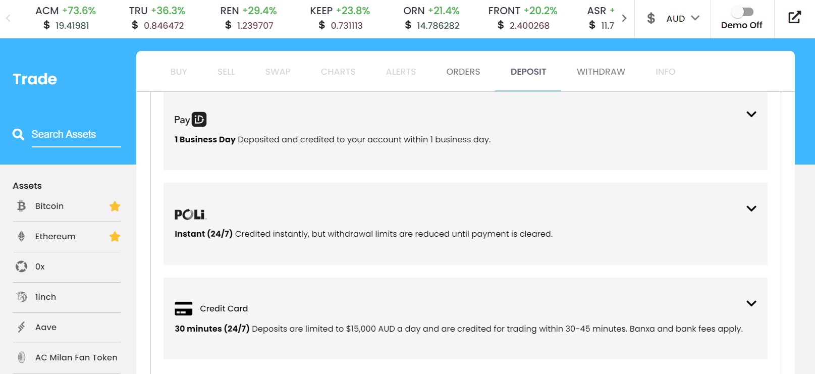 depositing funds on swyftx