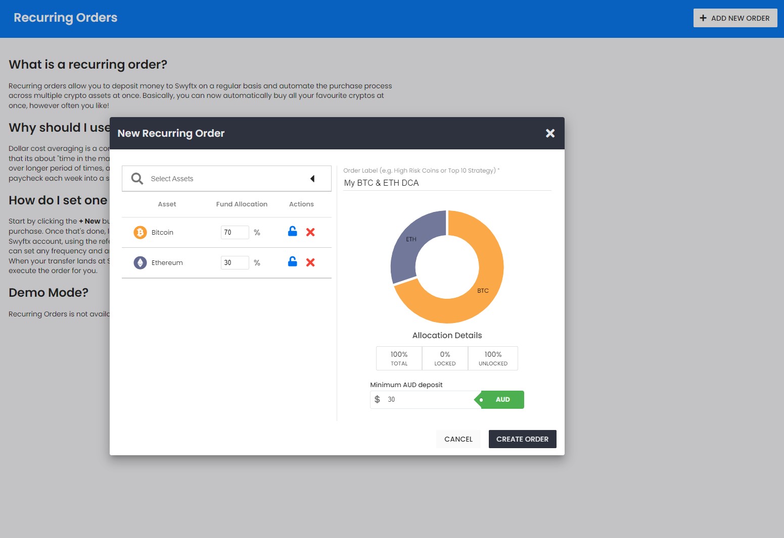 Setting up a recurring order on Swyftx