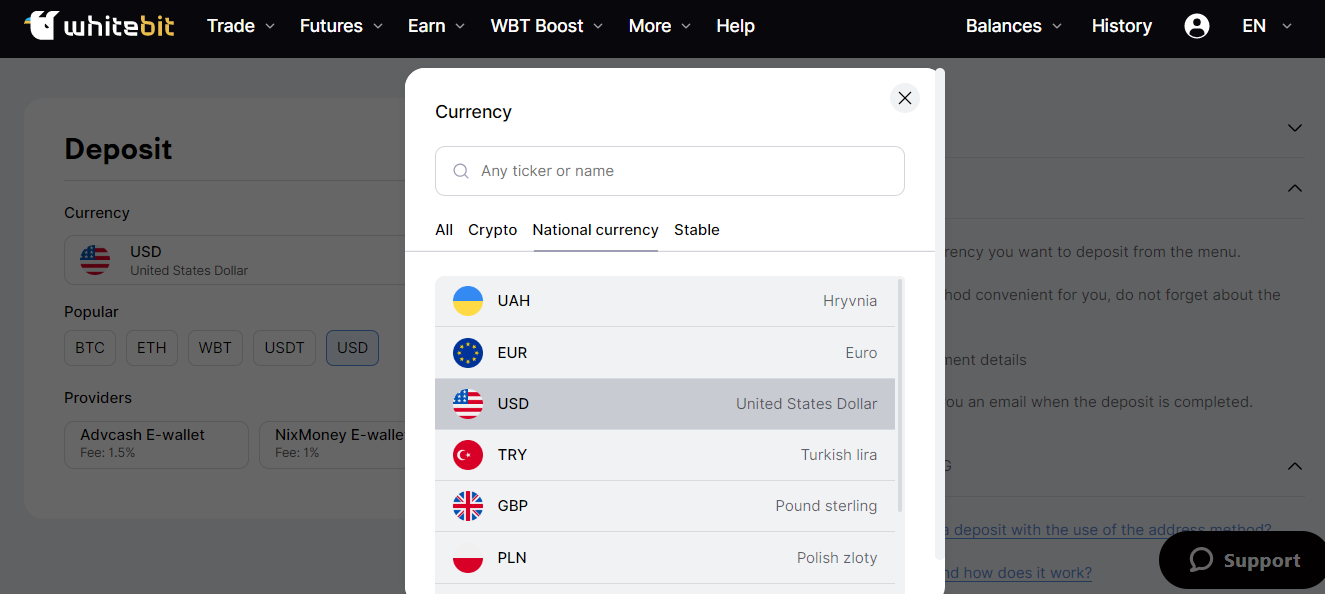 whitebit deposit methods and fiat