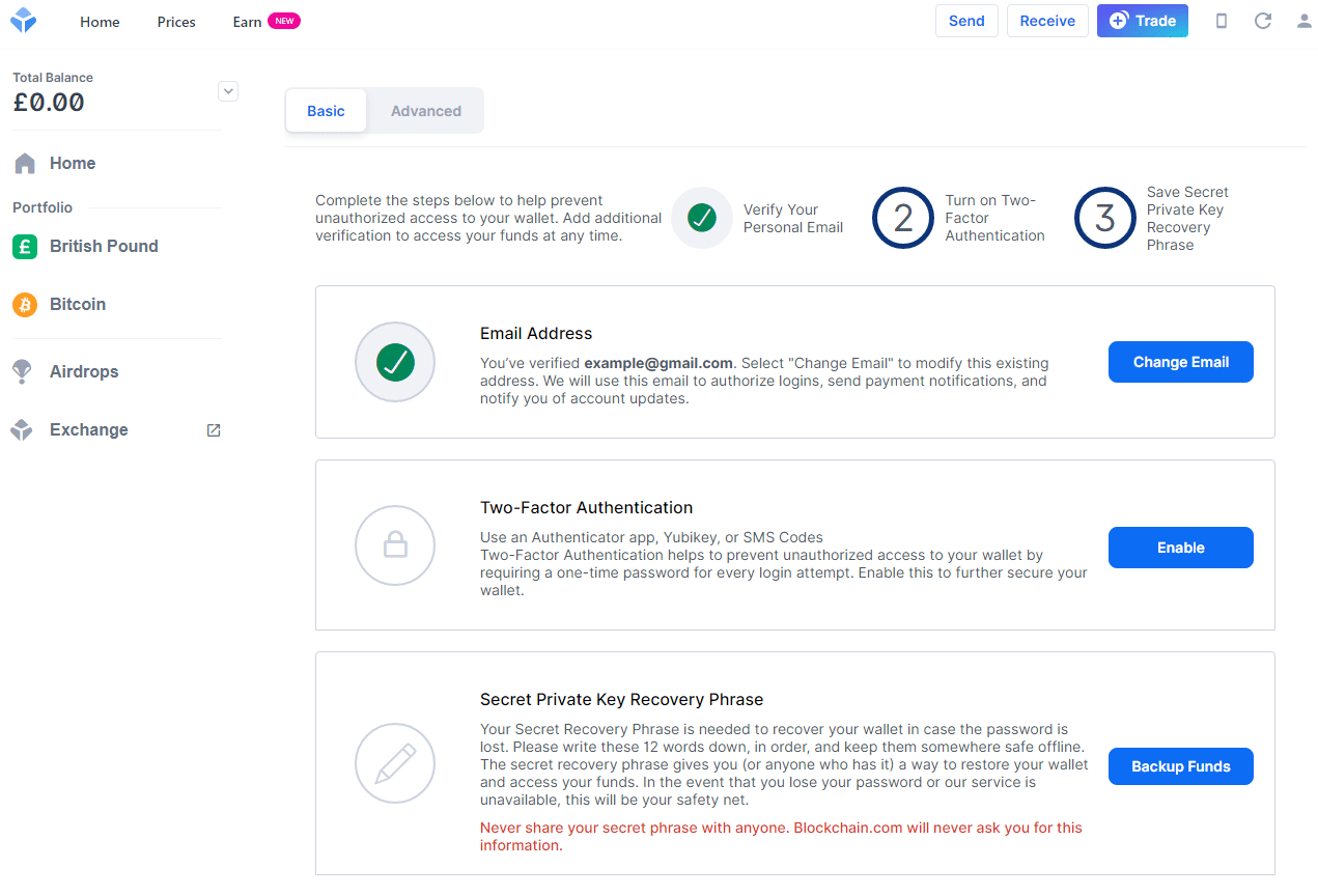 Blockchain.com account security options