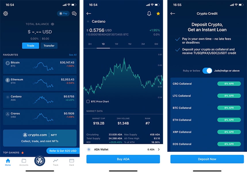 Crypto.com price charts and balance summary